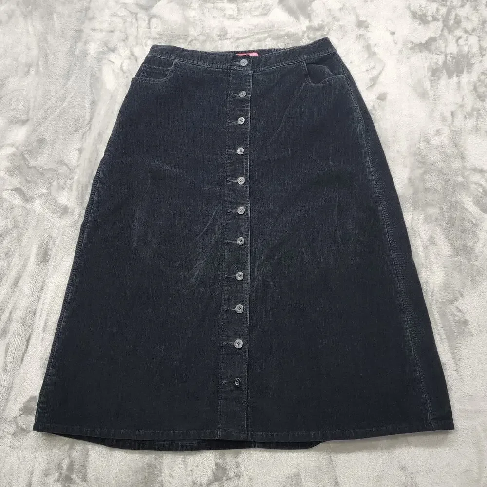 Woman Within Skirt Womens 12W Black Stretch Corduroy Button Front‎ Midi A-Line